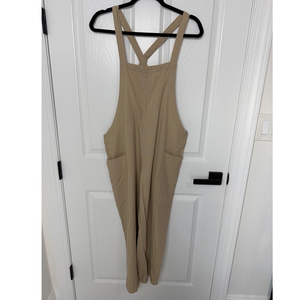 Forever 21 Womens Linen Blend Cross Back Bib Overalls Tan Khaki Small
